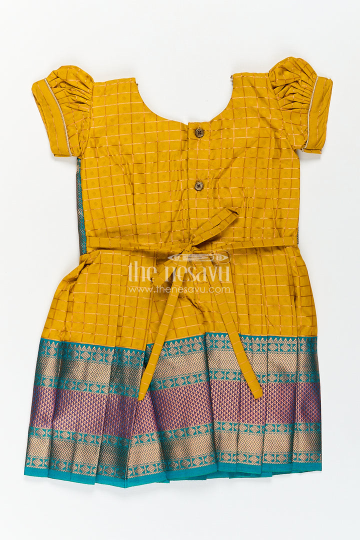 Girls Kanchivaram Ethnic Frocks in Mustard Yellow with Green Zari Overlay and Traditional Border Accents
