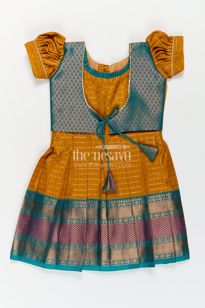 Girls Kanchivaram Orange Silk Frocks with Puff Sleeves Green Zari Overlay and Traditional Woven Border