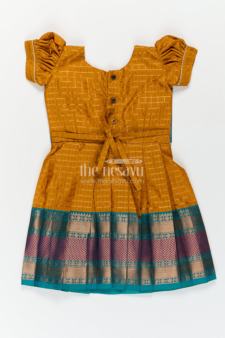Girls Kanchivaram Orange Silk Frocks with Puff Sleeves Green Zari Overlay and Traditional Woven Border