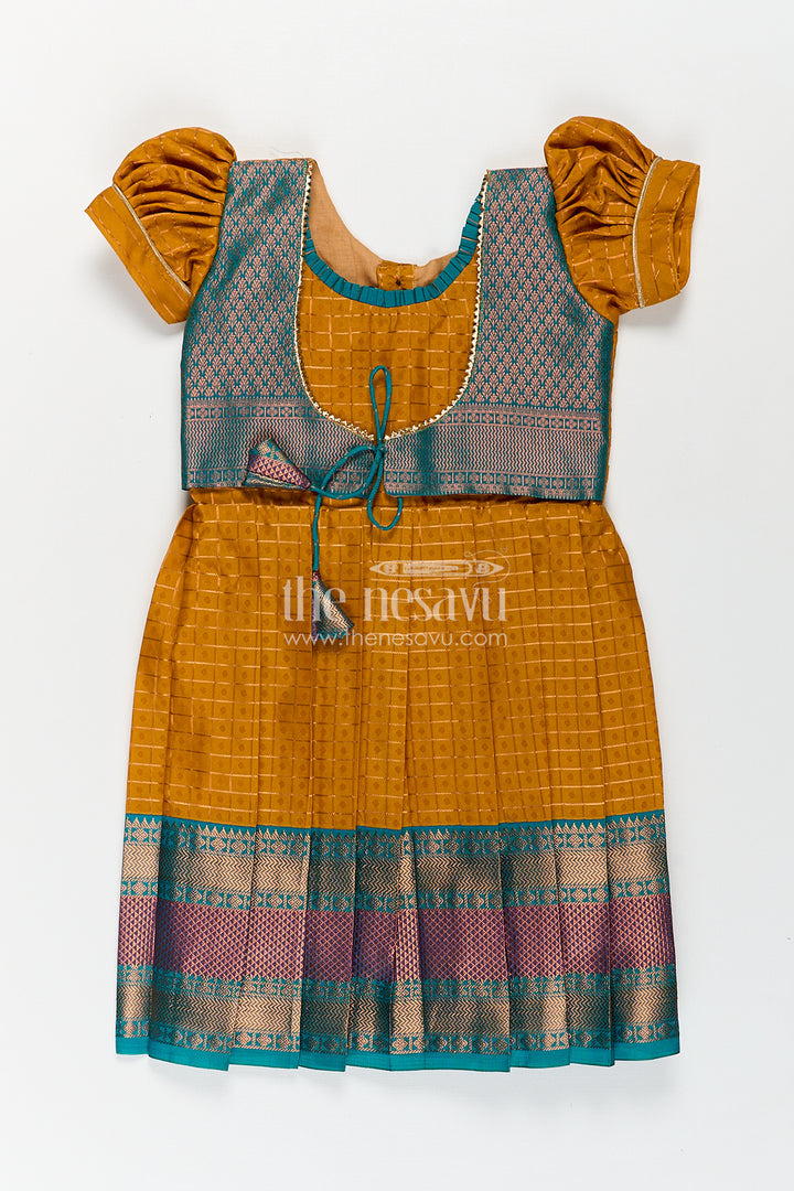 Girls Kanchivaram Orange Silk Frocks with Puff Sleeves Green Zari Overlay and Traditional Woven Border
