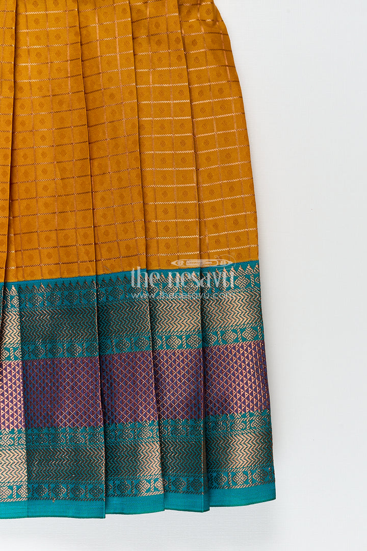 Girls Kanchivaram Orange Silk Frocks with Puff Sleeves Green Zari Overlay and Traditional Woven Border