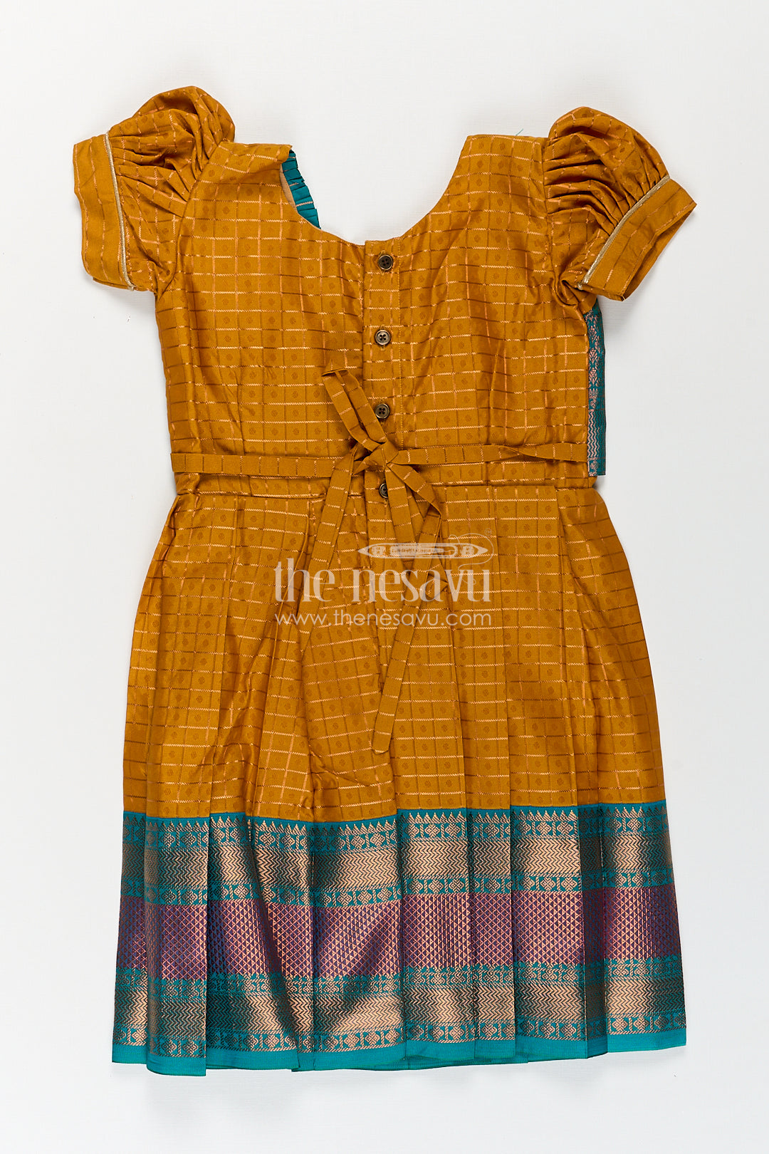 Girls Kanchivaram Orange Silk Frocks with Puff Sleeves Green Zari Overlay and Traditional Woven Border