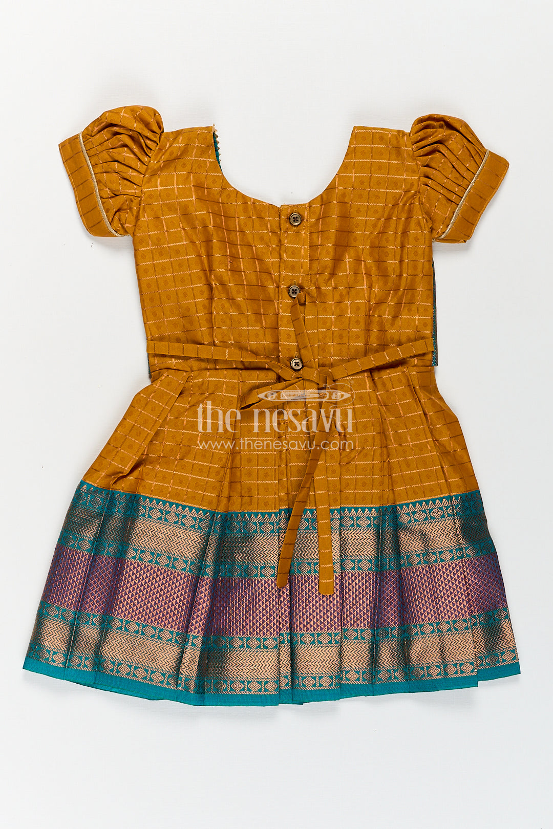 Girls Kanchivaram Orange Silk Frocks with Puff Sleeves Green Zari Overlay and Traditional Woven Border