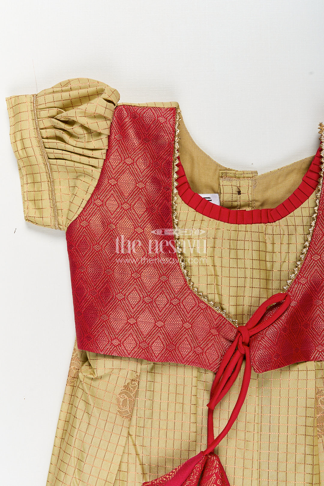 Girls Kanchivaram Cream Colour Frocks with Puff Sleeves and Rich Red Zari Border for Elegant Ethnic Appeal