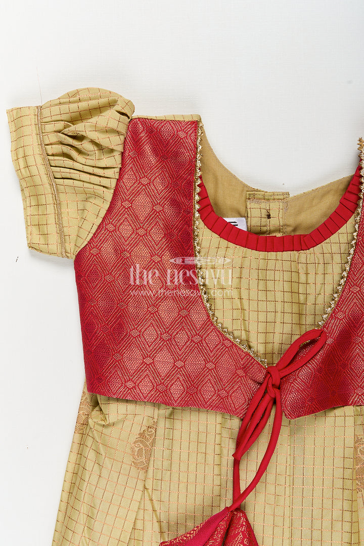 Girls Kanchivaram Cream Colour Frocks with Puff Sleeves and Rich Red Zari Border for Elegant Ethnic Appeal