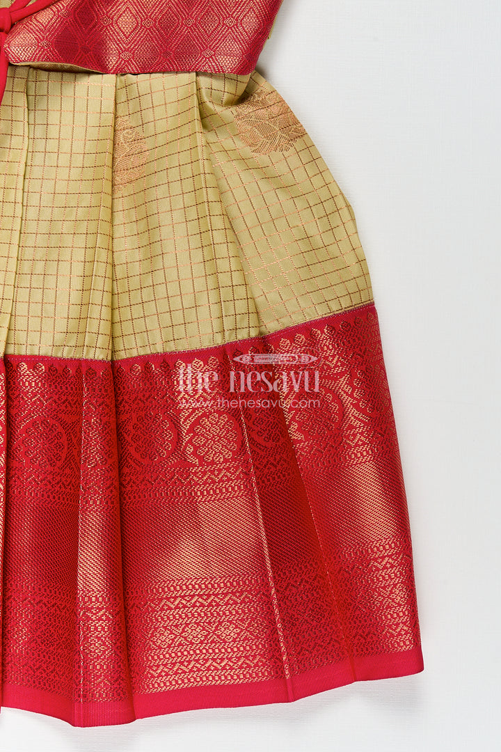 Girls Kanchivaram Cream Colour Frocks with Puff Sleeves and Rich Red Zari Border for Elegant Ethnic Appeal
