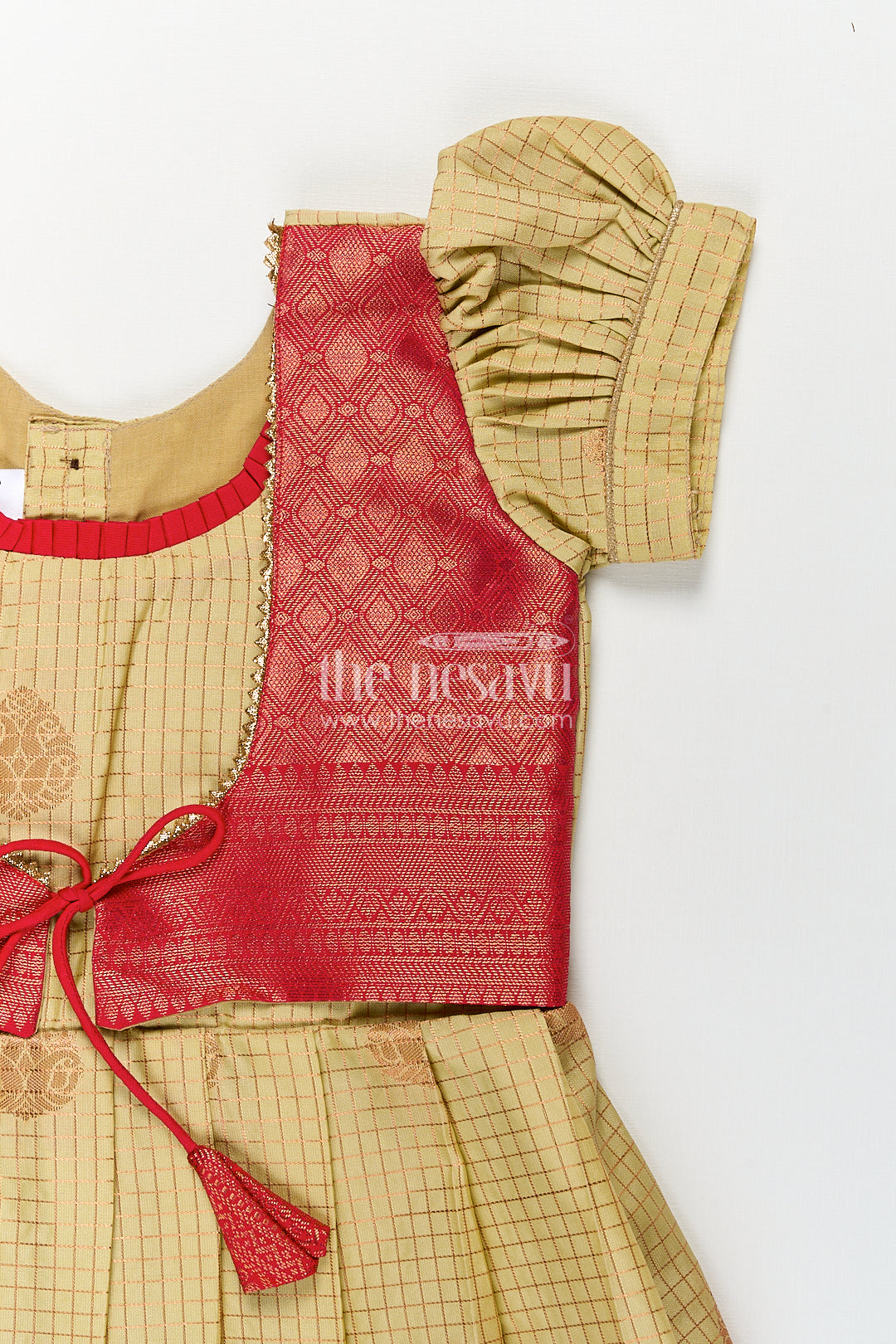 Girls Kanchivaram Cream Colour Frocks with Puff Sleeves and Rich Red Zari Border for Elegant Ethnic Appeal