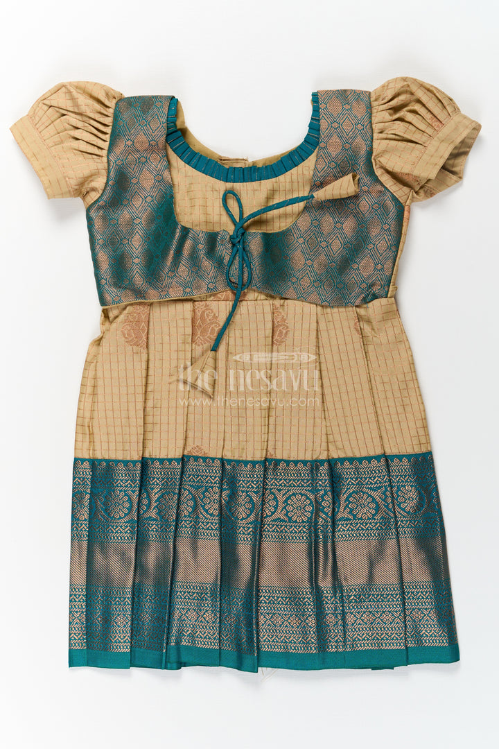 Girls Silk Green Dress in Semi Kanchivaram with Puff Sleeves and Brocade Yoke for Traditional Charm