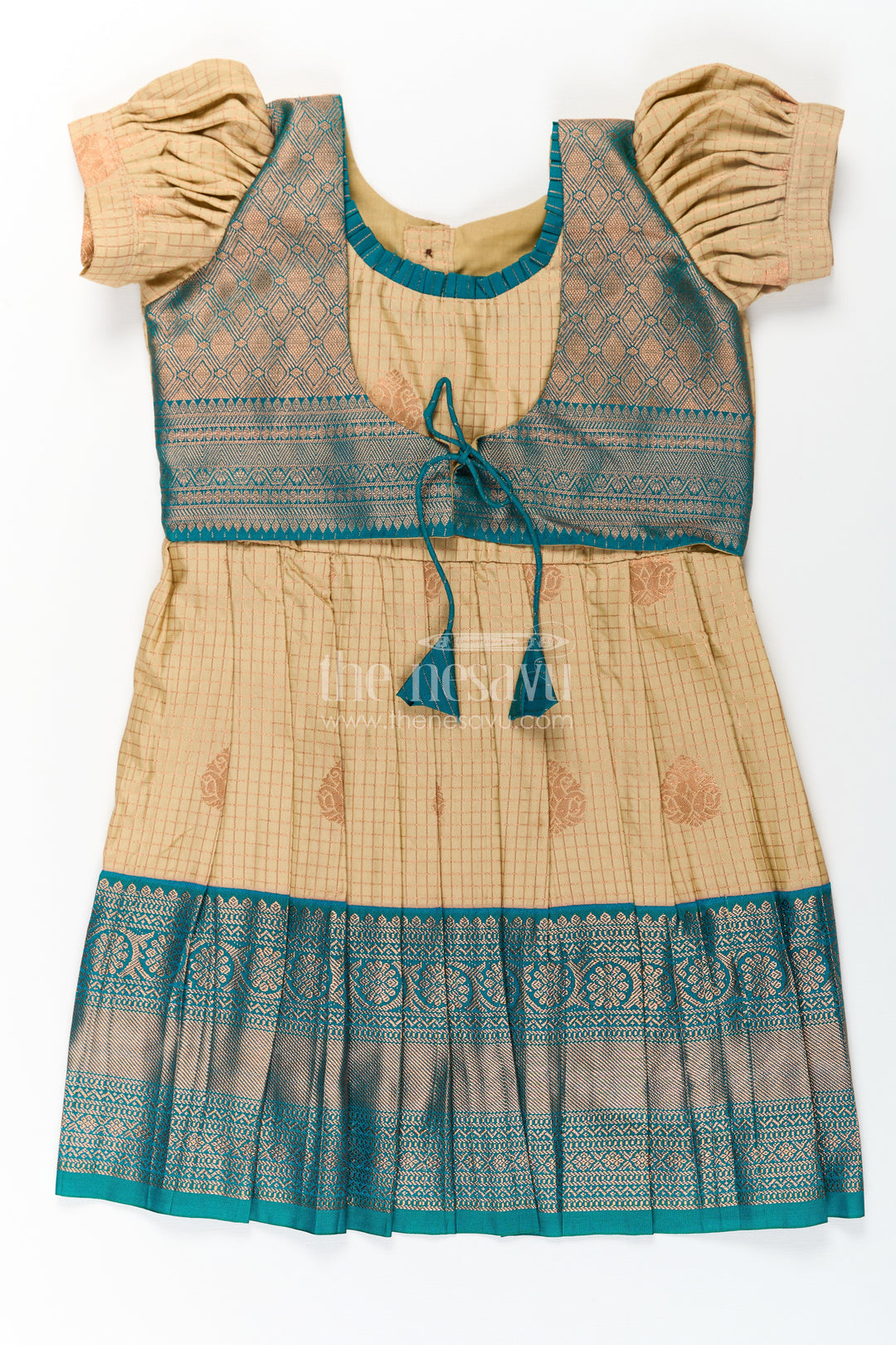 Girls Silk Green Dress in Semi Kanchivaram with Puff Sleeves and Brocade Yoke for Traditional Charm