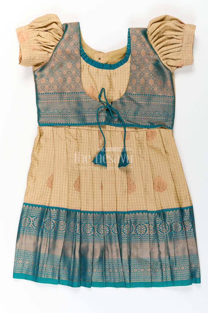 Girls Silk Green Dress in Semi Kanchivaram with Puff Sleeves and Brocade Yoke for Traditional Charm