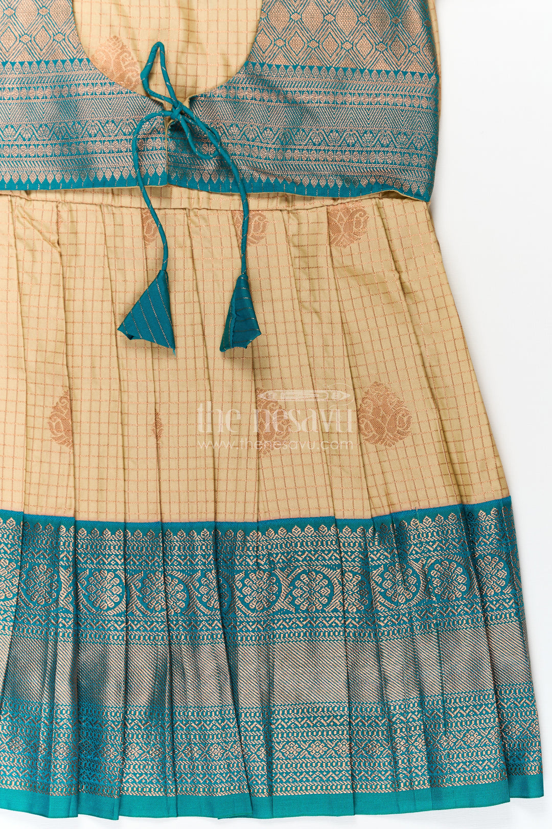 Girls Silk Green Dress in Semi Kanchivaram with Puff Sleeves and Brocade Yoke for Traditional Charm