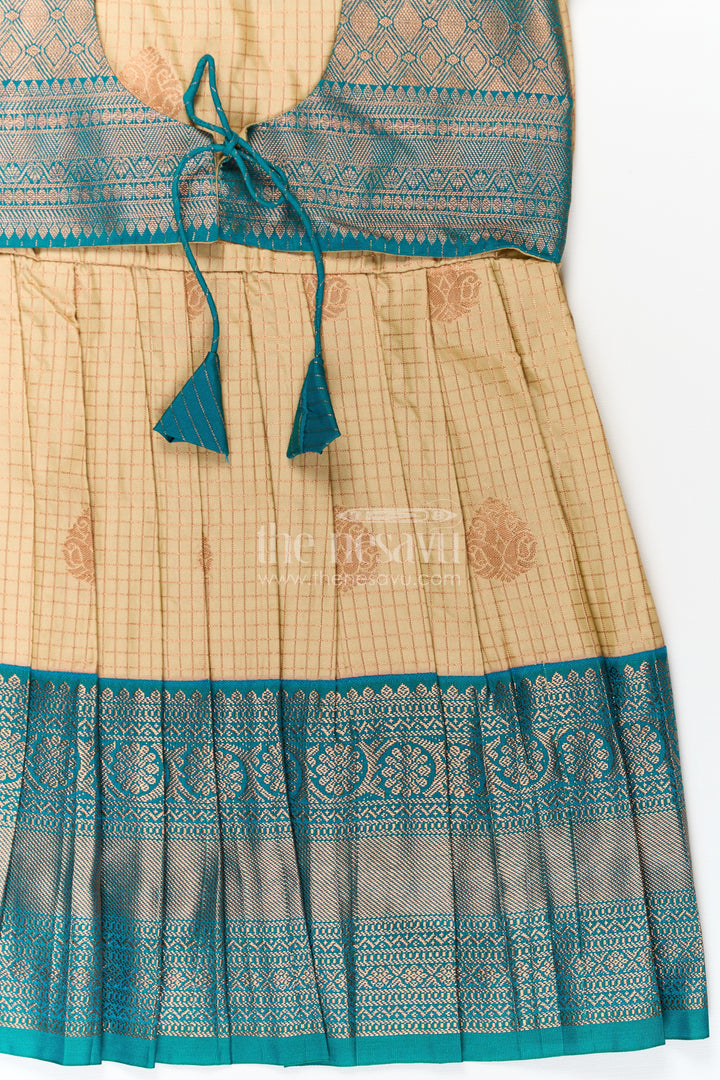 Girls Silk Green Dress in Semi Kanchivaram with Puff Sleeves and Brocade Yoke for Traditional Charm
