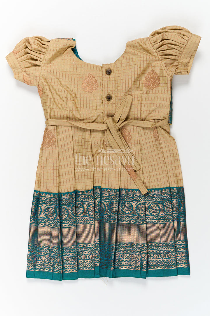 Girls Silk Green Dress in Semi Kanchivaram with Puff Sleeves and Brocade Yoke for Traditional Charm