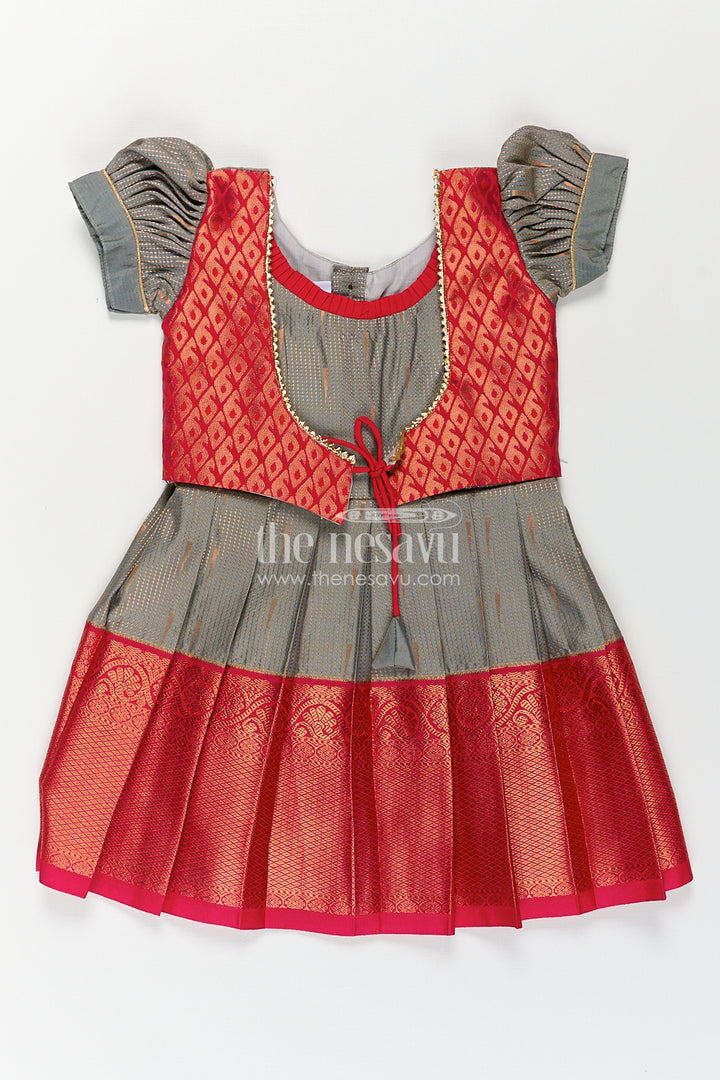 Girls Kanchivaram Long Pattu Frock with Puff Sleeves in Grey Silk and Rich Red Zari Border Finish