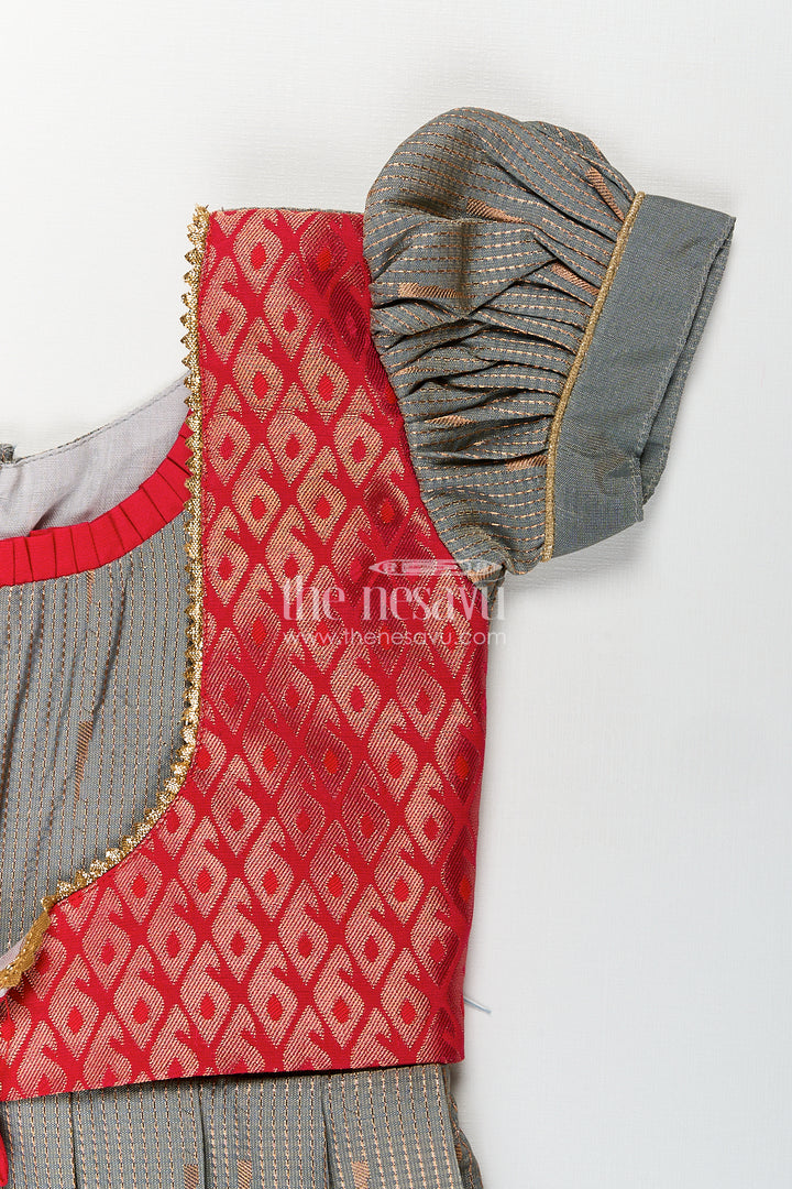 Girls Kanchivaram Long Pattu Frock with Puff Sleeves in Grey Silk and Rich Red Zari Border Finish