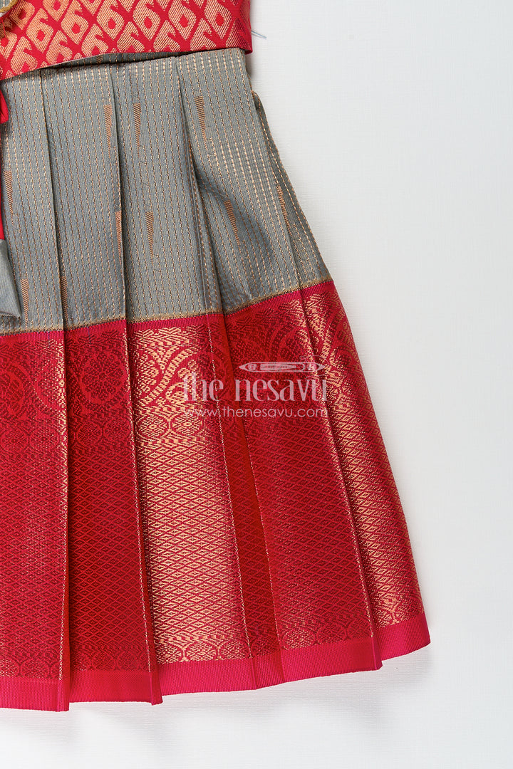 Girls Kanchivaram Long Pattu Frock with Puff Sleeves in Grey Silk and Rich Red Zari Border Finish