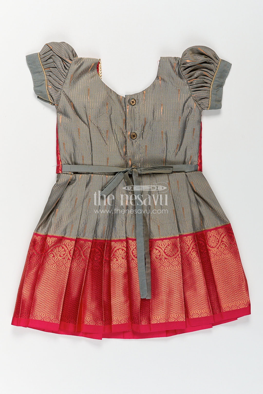Girls Kanchivaram Long Pattu Frock with Puff Sleeves in Grey Silk and Rich Red Zari Border Finish