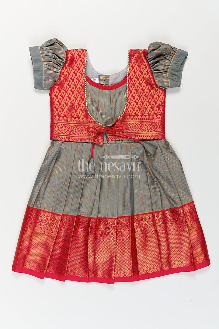 Girls Kanchivaram Long Pattu Frock with Puff Sleeves in Grey Silk and Rich Red Zari Border Finish