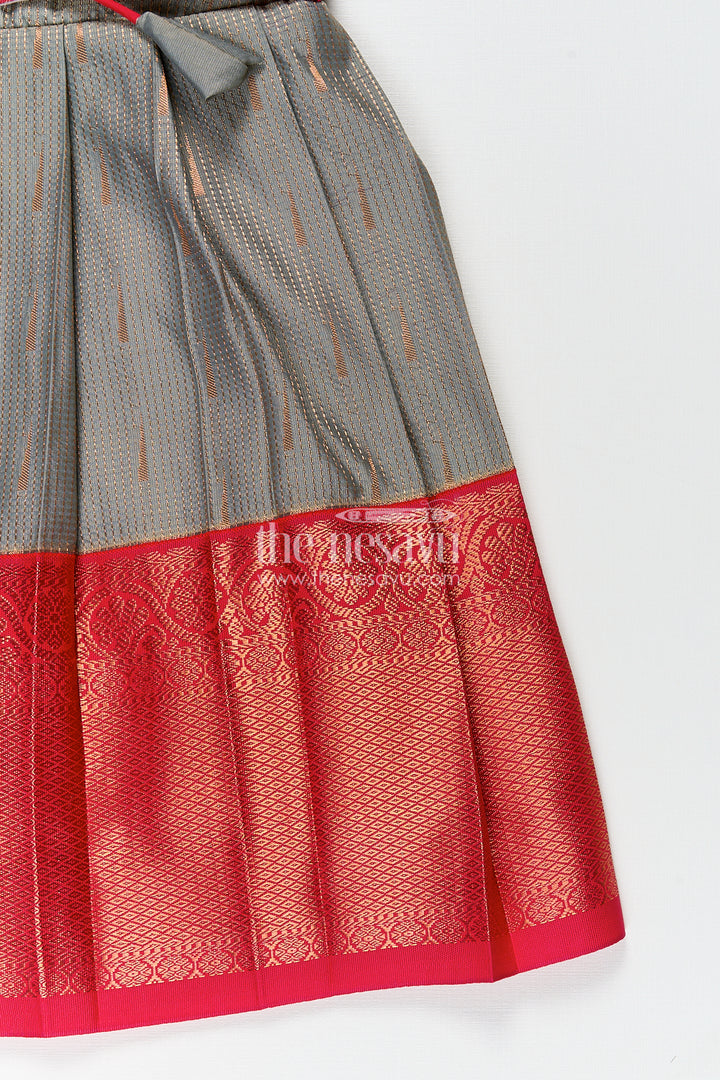 Girls Kanchivaram Long Pattu Frock with Puff Sleeves in Grey Silk and Rich Red Zari Border Finish