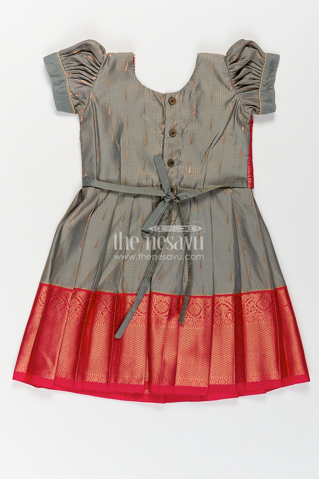 Girls Kanchivaram Long Pattu Frock with Puff Sleeves in Grey Silk and Rich Red Zari Border Finish