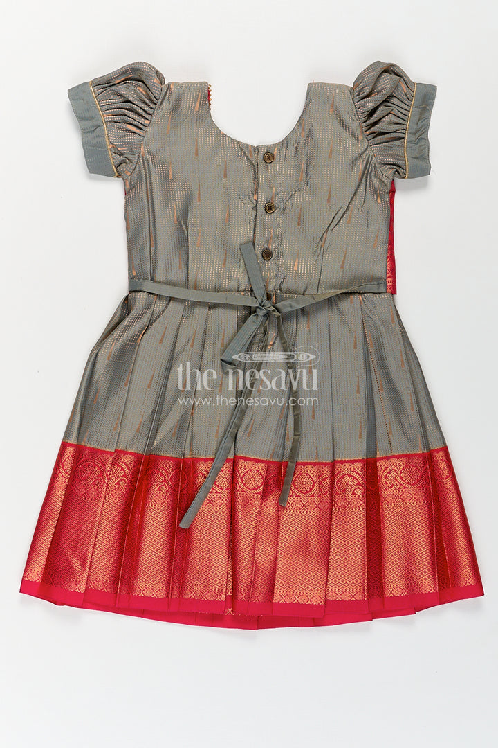 Girls Kanchivaram Long Pattu Frock with Puff Sleeves in Grey Silk and Rich Red Zari Border Finish