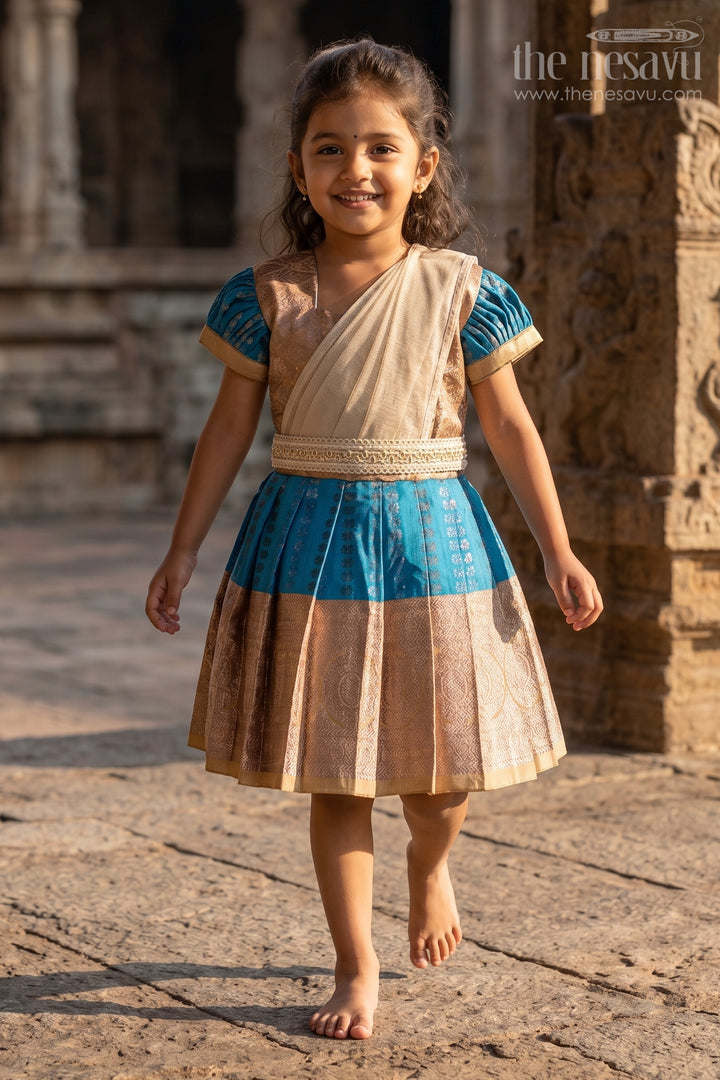 Girls Silk Dress Royal Blue with Semi Kanchivaram Weave Thread Embroidery and Lace Detailed Dupatta