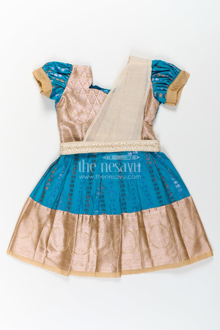 Girls Silk Dress Royal Blue with Semi Kanchivaram Weave Thread Embroidery and Lace Detailed Dupatta