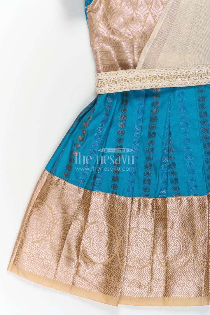 Girls Silk Dress Royal Blue with Semi Kanchivaram Weave Thread Embroidery and Lace Detailed Dupatta