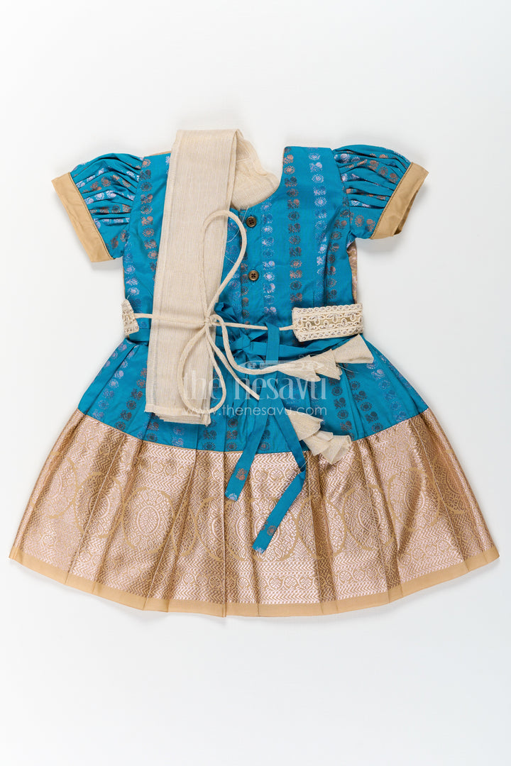 Girls Silk Dress Royal Blue with Semi Kanchivaram Weave Thread Embroidery and Lace Detailed Dupatta
