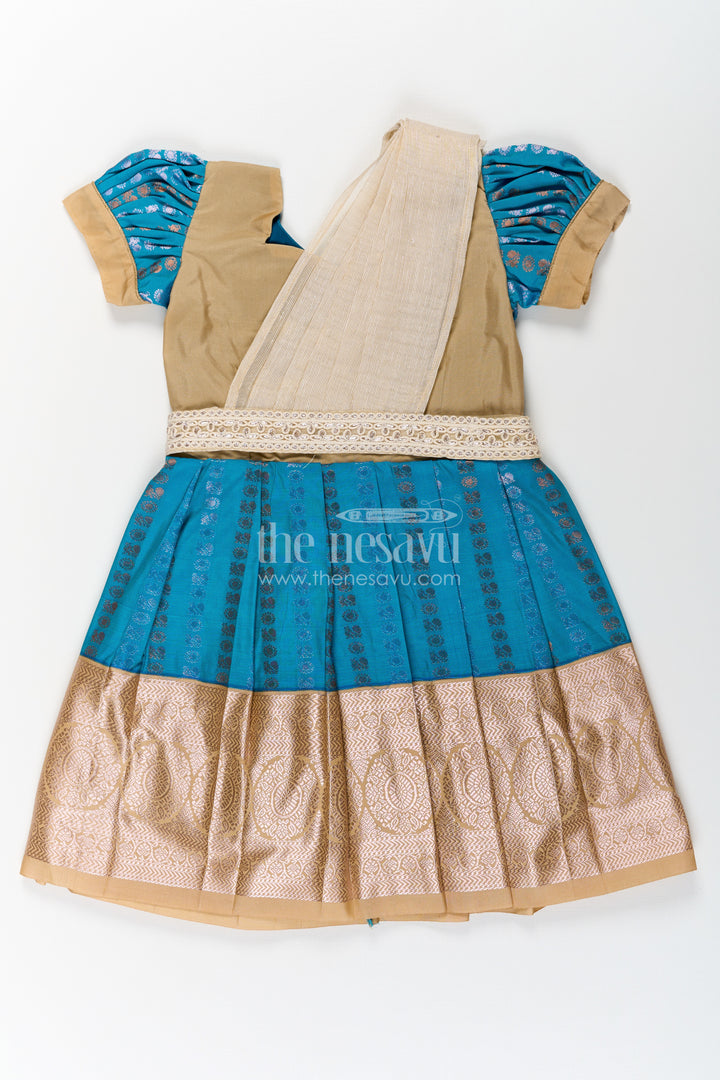Girls Silk Dress Royal Blue with Semi Kanchivaram Weave Thread Embroidery and Lace Detailed Dupatta