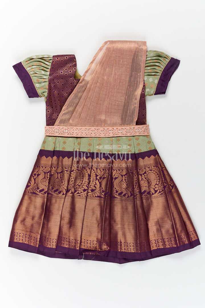 Girls Brown Silk Dress in Semi Kanchivaram with Rich Thread Embroidery and Lace Embellished Dupatta