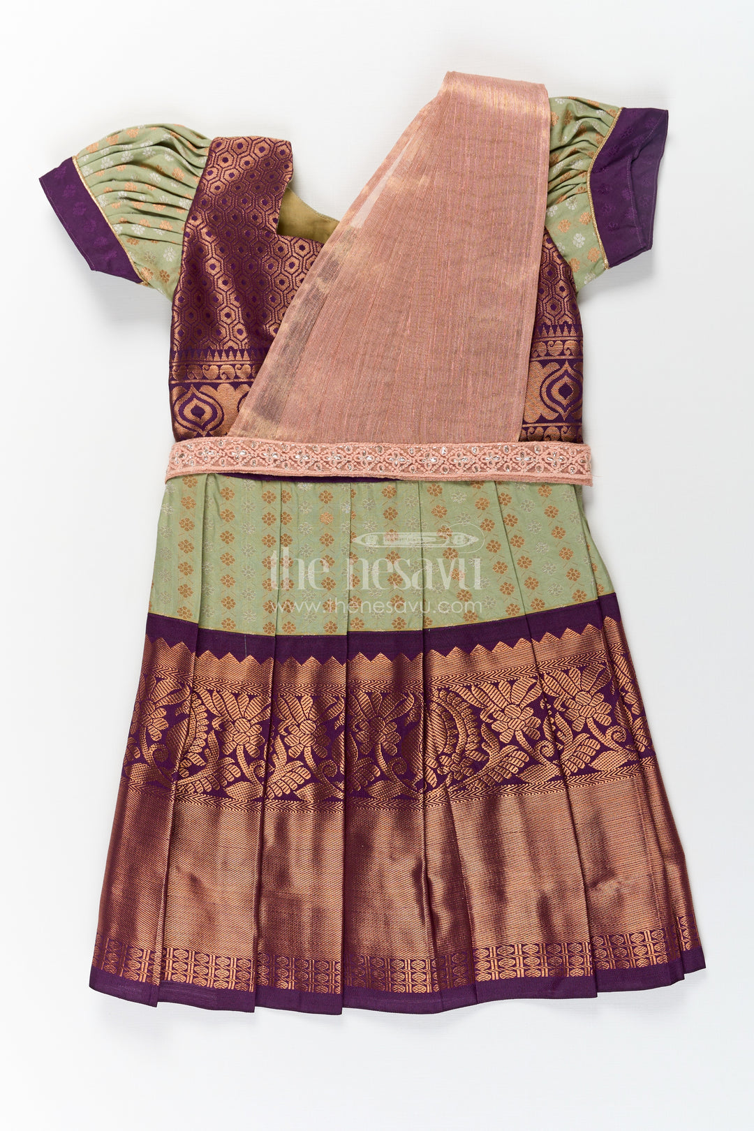 Girls Brown Silk Dress in Semi Kanchivaram with Rich Thread Embroidery and Lace Embellished Dupatta