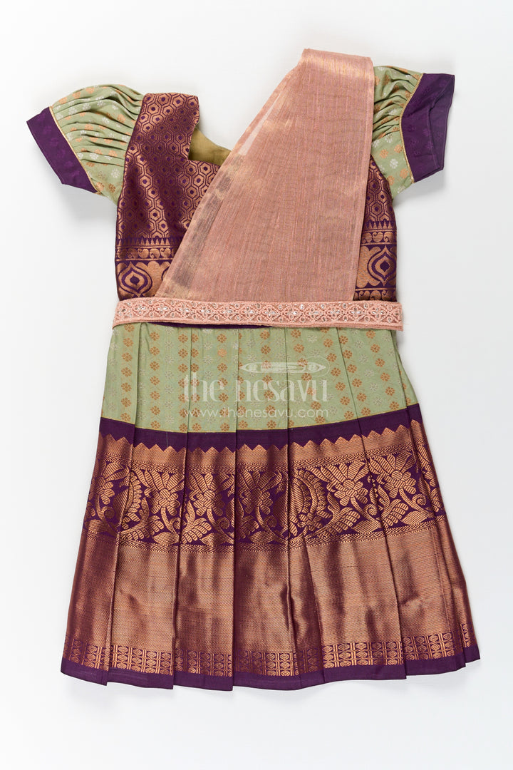 Girls Brown Silk Dress in Semi Kanchivaram with Rich Thread Embroidery and Lace Embellished Dupatta