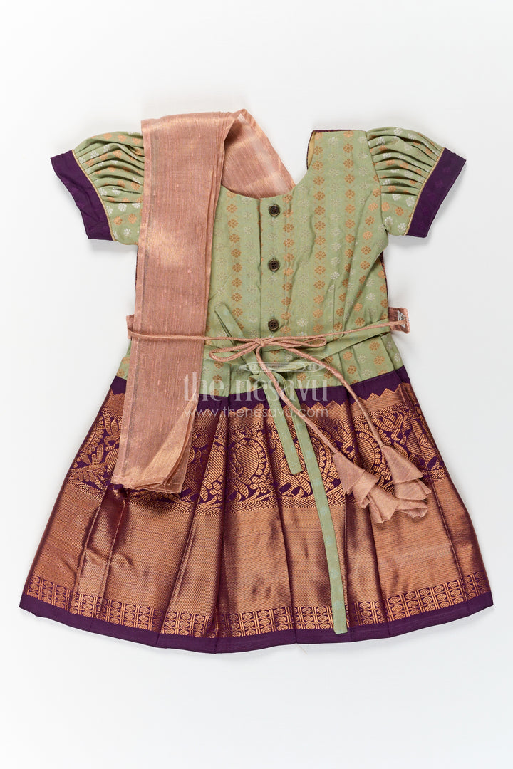 Girls Brown Silk Dress in Semi Kanchivaram with Rich Thread Embroidery and Lace Embellished Dupatta