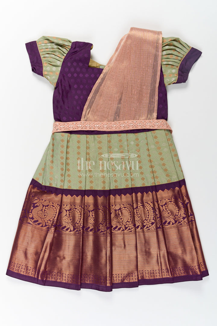 Girls Brown Silk Dress in Semi Kanchivaram with Rich Thread Embroidery and Lace Embellished Dupatta