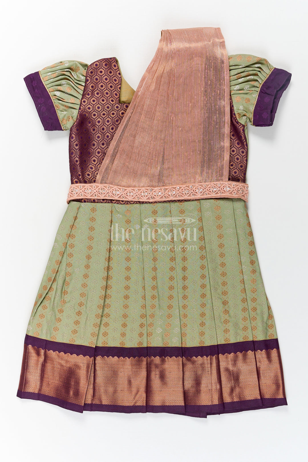 Girls Brown Silk Dress in Semi Kanchivaram with Rich Thread Embroidery and Lace Embellished Dupatta