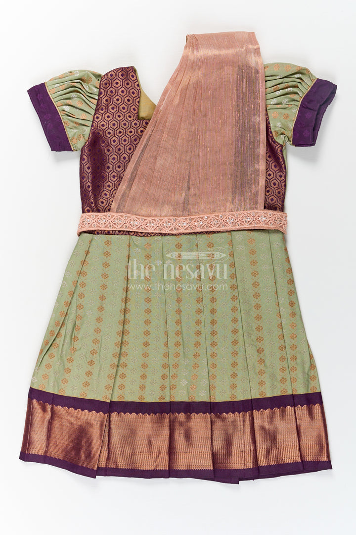 Girls Brown Silk Dress in Semi Kanchivaram with Rich Thread Embroidery and Lace Embellished Dupatta