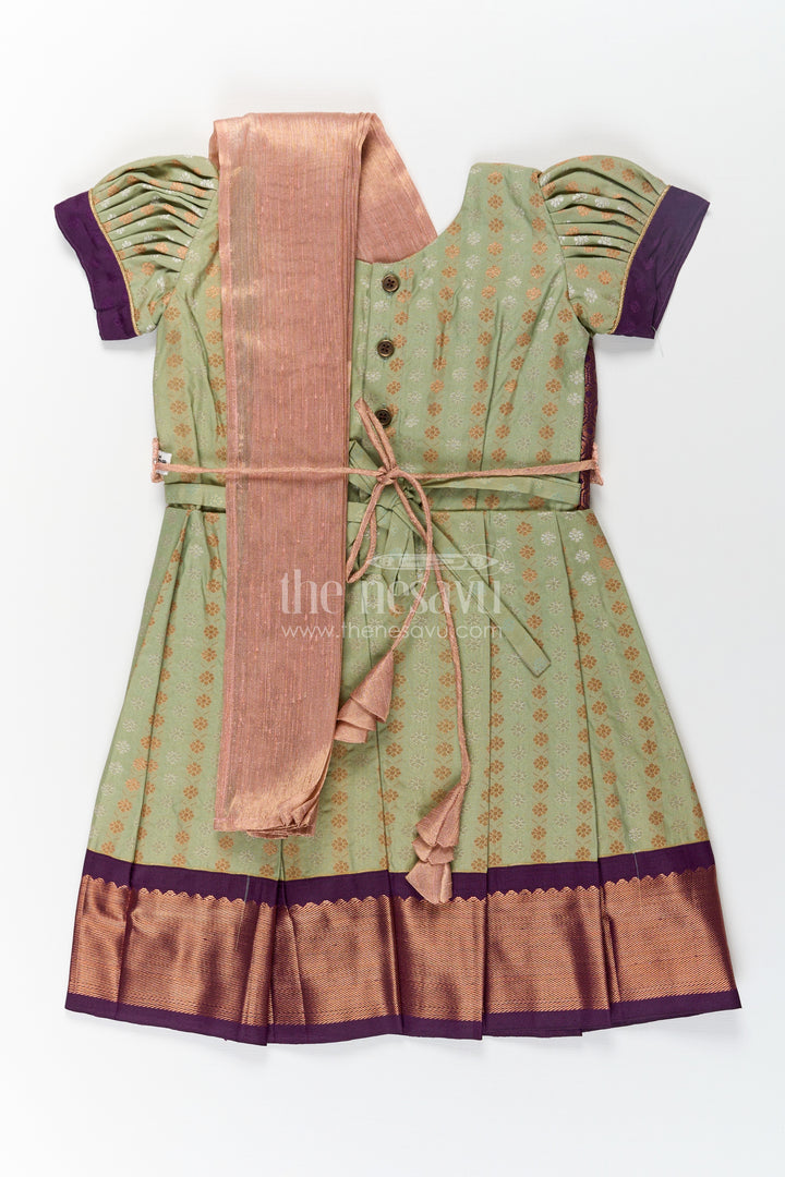 Girls Brown Silk Dress in Semi Kanchivaram with Rich Thread Embroidery and Lace Embellished Dupatta