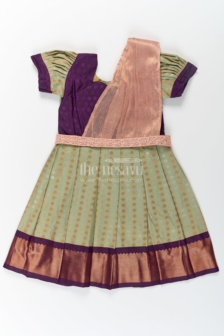 Girls Brown Silk Dress in Semi Kanchivaram with Rich Thread Embroidery and Lace Embellished Dupatta