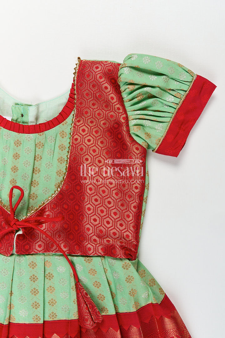 Girls Kanchivaram Pattu Saree Long Frock with Puff Sleeves in Green and Red Zari Woven Traditional Style