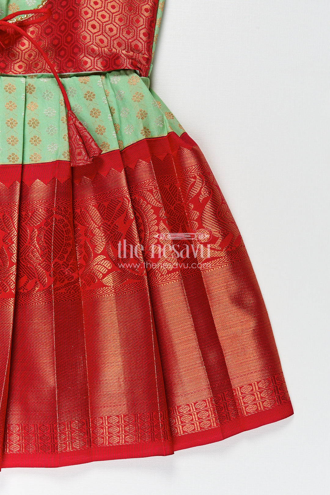 Girls Kanchivaram Pattu Saree Long Frock with Puff Sleeves in Green and Red Zari Woven Traditional Style