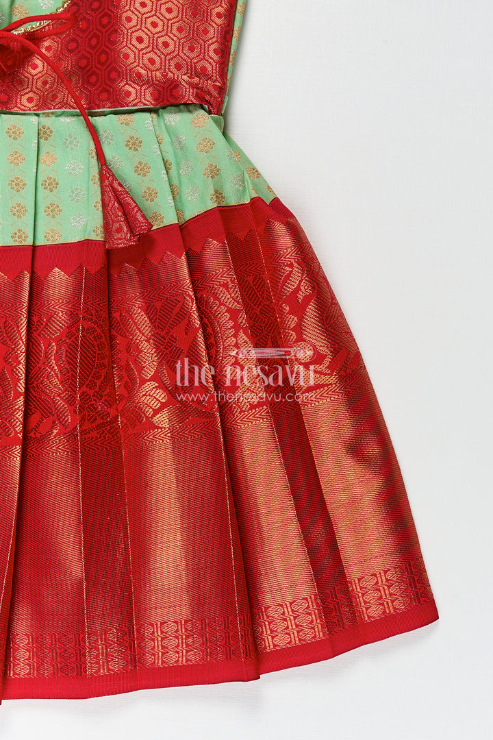 Girls Kanchivaram Pattu Saree Long Frock with Puff Sleeves in Green and Red Zari Woven Traditional Style