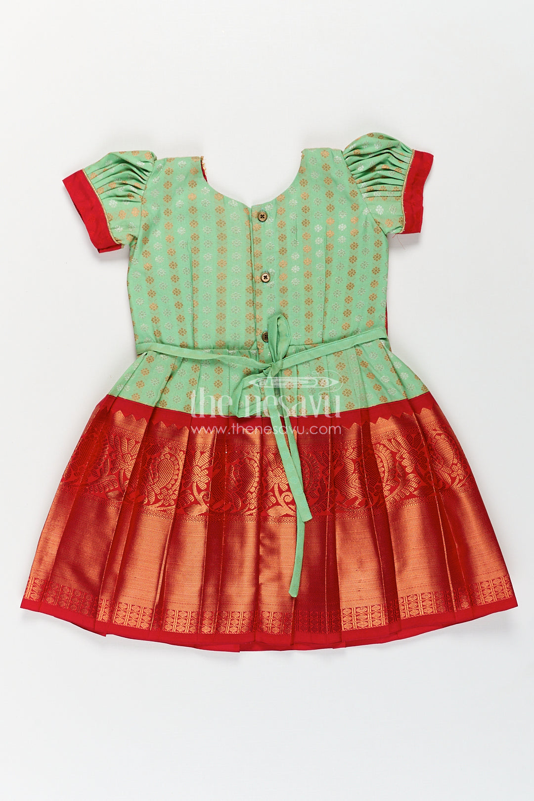 Girls Kanchivaram Pattu Saree Long Frock with Puff Sleeves in Green and Red Zari Woven Traditional Style