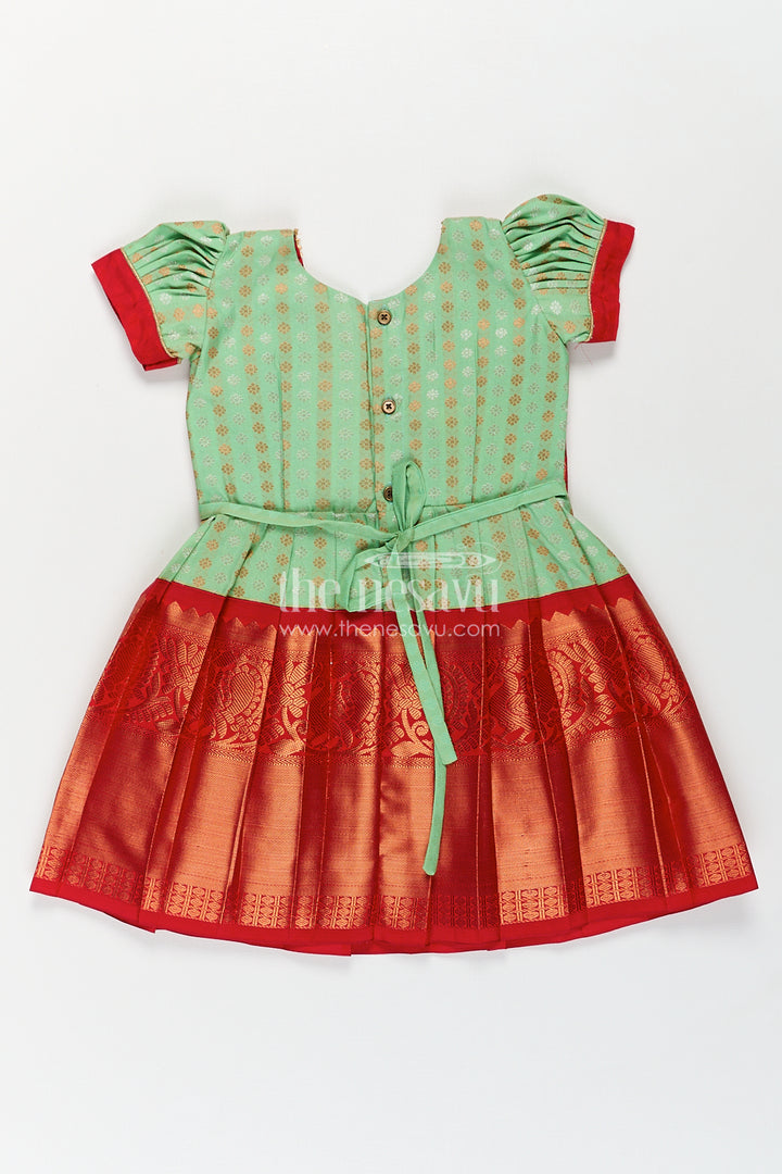 Girls Kanchivaram Pattu Saree Long Frock with Puff Sleeves in Green and Red Zari Woven Traditional Style