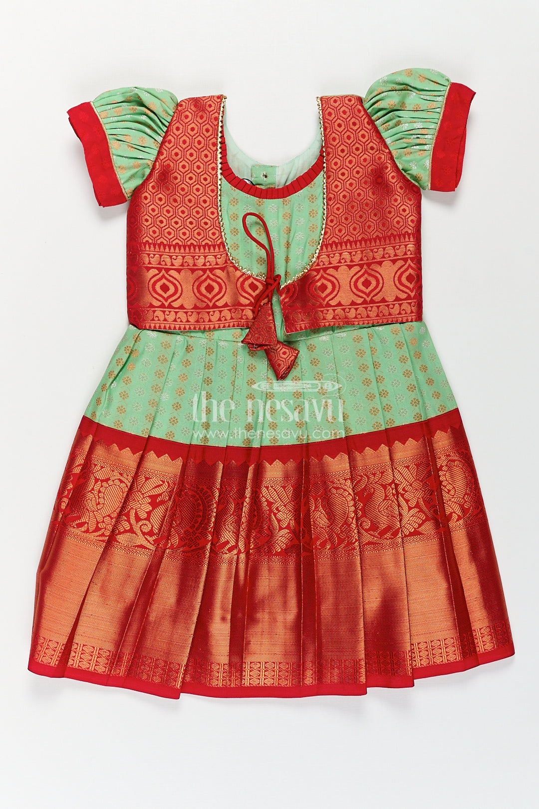 Girls Kanchivaram Pattu Saree Long Frock with Puff Sleeves in Green and Red Zari Woven Traditional Style