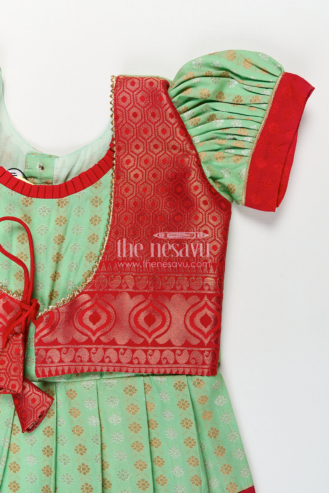Girls Kanchivaram Pattu Saree Long Frock with Puff Sleeves in Green and Red Zari Woven Traditional Style