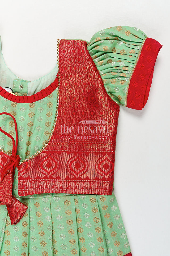 Girls Kanchivaram Pattu Saree Long Frock with Puff Sleeves in Green and Red Zari Woven Traditional Style