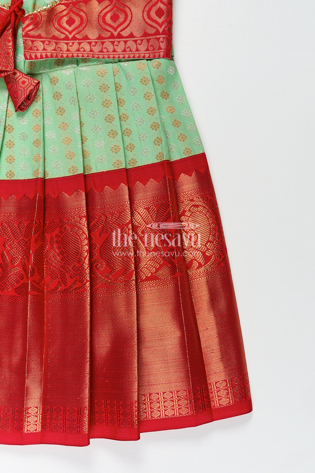 Girls Kanchivaram Pattu Saree Long Frock with Puff Sleeves in Green and Red Zari Woven Traditional Style