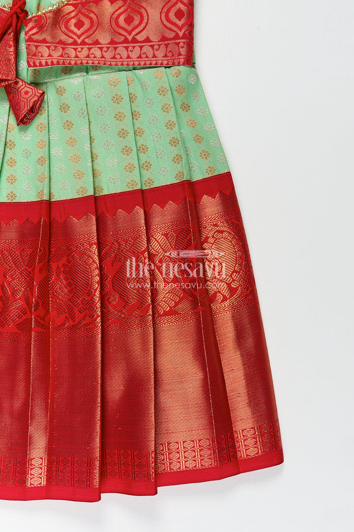 Girls Kanchivaram Pattu Saree Long Frock with Puff Sleeves in Green and Red Zari Woven Traditional Style
