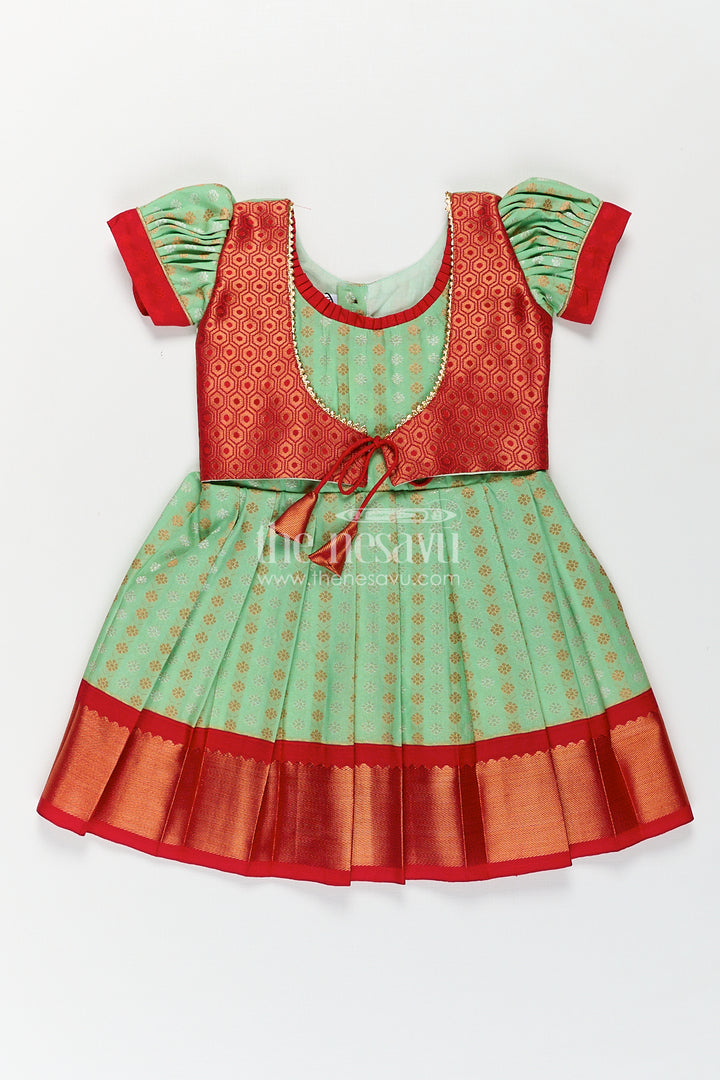 Girls Kanchivaram Pattu Saree Long Frock with Puff Sleeves in Green and Red Zari Woven Traditional Style